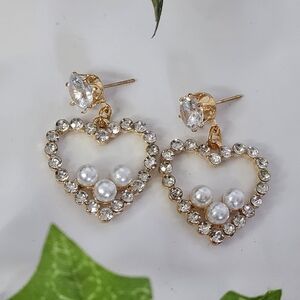 Gold Heart Drop Earrings with Clear Crystals and Faux Pearls New